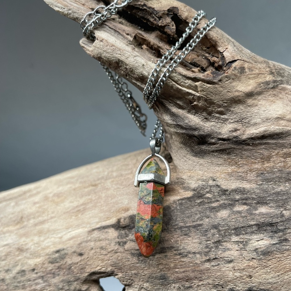 Natural Unakite Double-Terminated Pendant with Chain Necklace